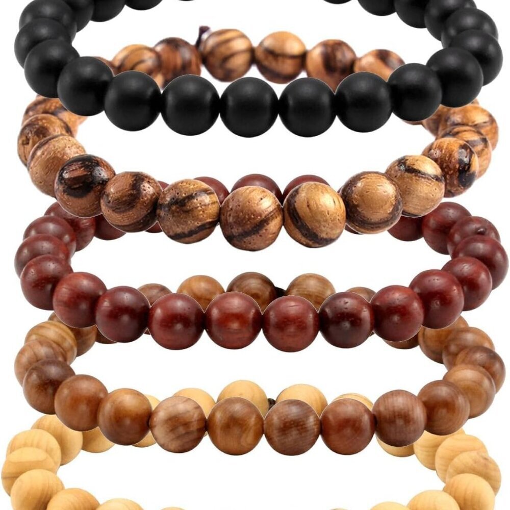 5Pcs Natural Wood Bracelets with Hematite Stone Cross Religious Tibetan Buddhist